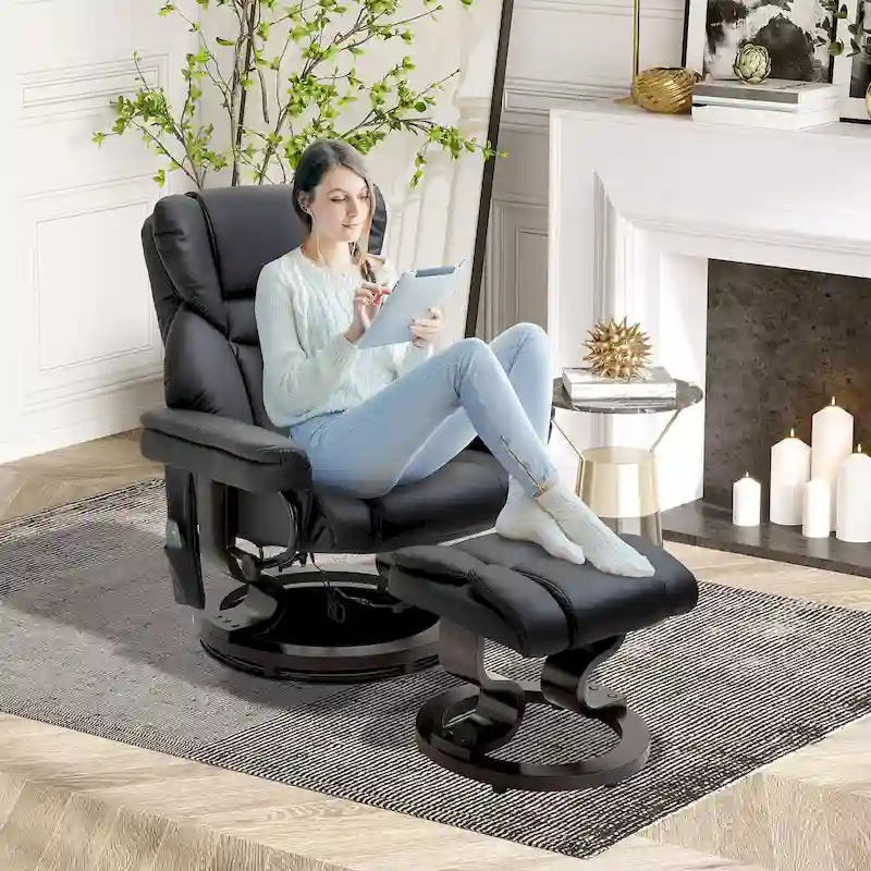 Fauteuil inclinable manuel pivotant à 360° en similicuir noir avec repose-pieds, 10 points de massage par vibration et poche latérale.