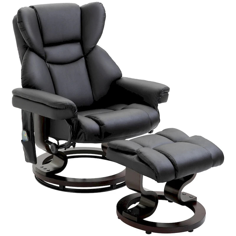 Fauteuil inclinable manuel pivotant à 360° en similicuir noir avec repose-pieds, 10 points de massage par vibration et poche latérale.