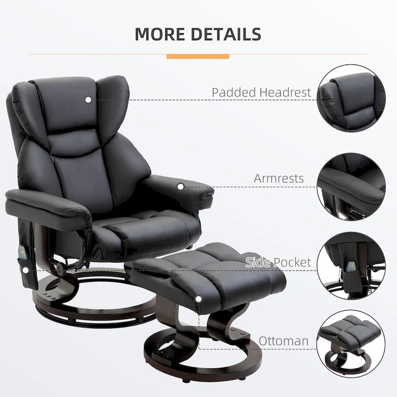 Fauteuil inclinable manuel pivotant à 360° en similicuir noir avec repose-pieds, 10 points de massage par vibration et poche latérale.