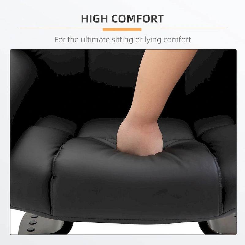 Fauteuil inclinable manuel pivotant à 360° en similicuir noir avec repose-pieds, 10 points de massage par vibration et poche latérale.