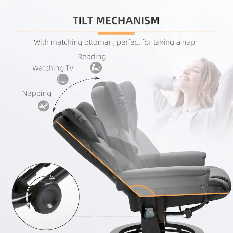 Fauteuil inclinable manuel pivotant à 360° en similicuir noir avec repose-pieds, 10 points de massage par vibration et poche latérale.