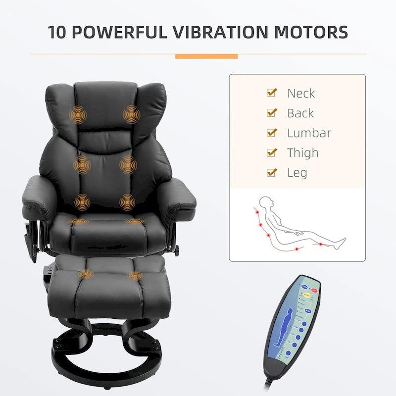 Fauteuil inclinable manuel pivotant à 360° en similicuir noir avec repose-pieds, 10 points de massage par vibration et poche latérale.