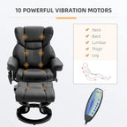 Fauteuil inclinable manuel pivotant à 360° en similicuir noir avec repose-pieds, 10 points de massage par vibration et poche latérale.