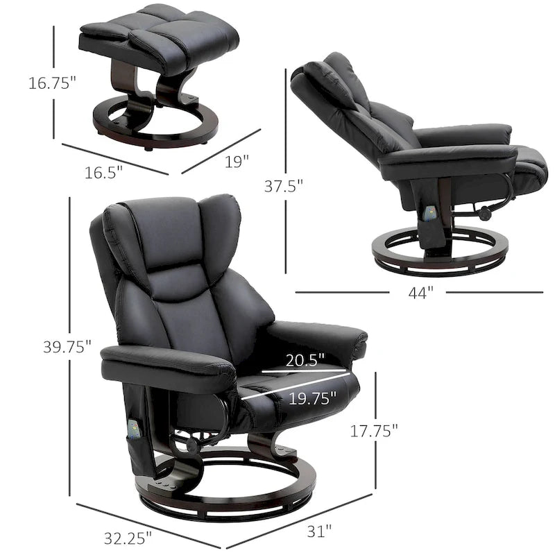 Fauteuil inclinable manuel pivotant à 360° en similicuir noir avec repose-pieds, 10 points de massage par vibration et poche latérale.