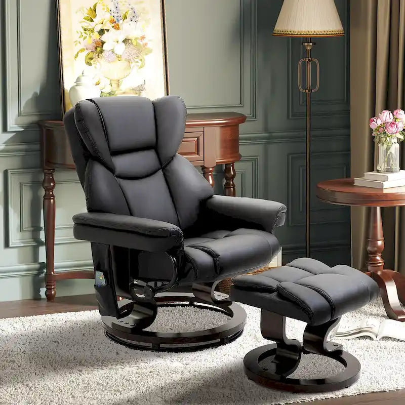 Fauteuil inclinable manuel pivotant à 360° en similicuir noir avec repose-pieds, 10 points de massage par vibration et poche latérale.