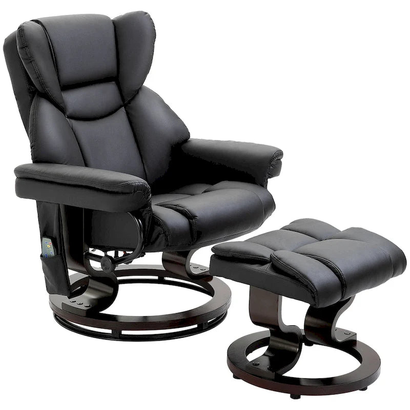 Fauteuil inclinable manuel pivotant à 360° en similicuir noir avec repose-pieds, 10 points de massage par vibration et poche latérale.
