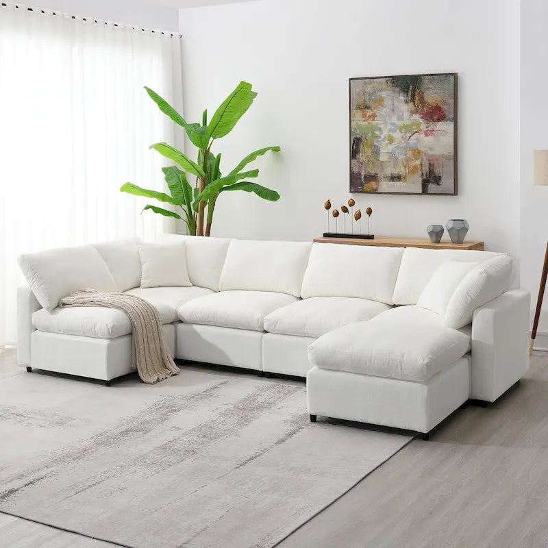 Canapé d'angle convertible en forme de U Beige Chenille Cloud, 6 pièces