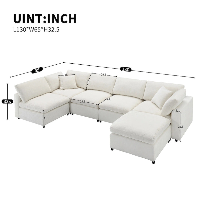 Canapé d'angle convertible en forme de U Beige Chenille Cloud, 6 pièces