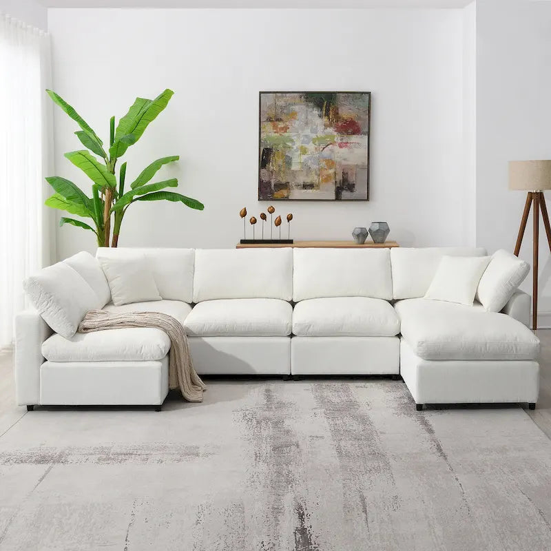 Canapé d'angle convertible en forme de U Beige Chenille Cloud, 6 pièces