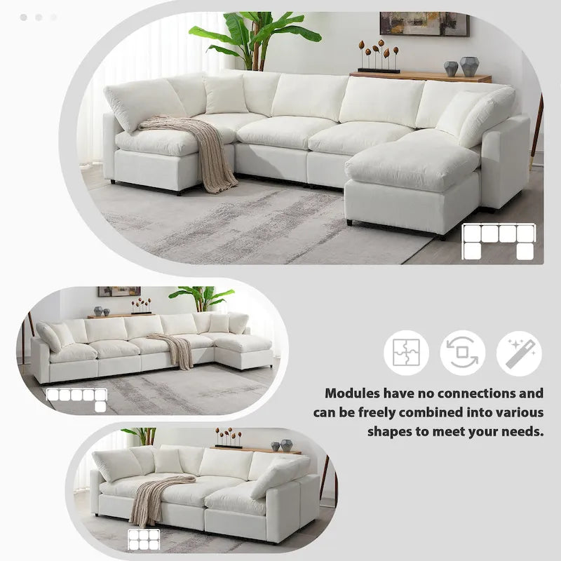 Canapé d'angle convertible en forme de U Beige Chenille Cloud, 6 pièces