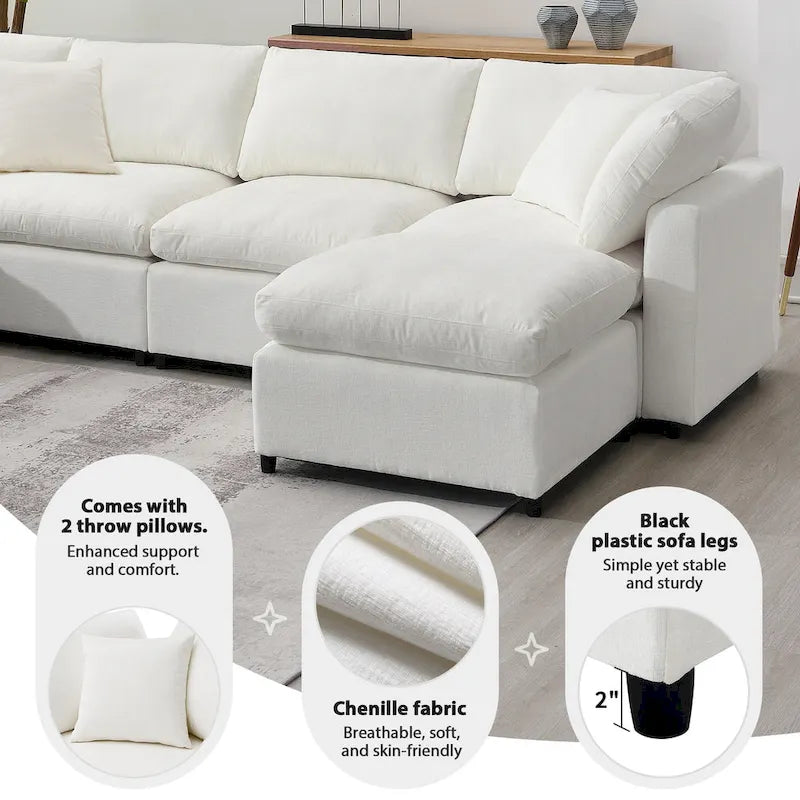 Canapé d'angle convertible en forme de U Beige Chenille Cloud, 6 pièces