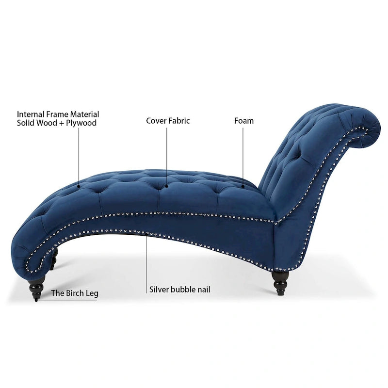 Chaise longue capitonnée bleue à 27,17 boutons avec clous décoratifs