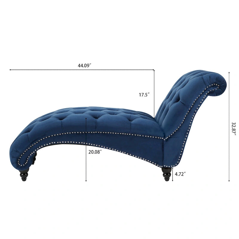 Chaise longue capitonnée bleue à 27,17 boutons avec clous décoratifs