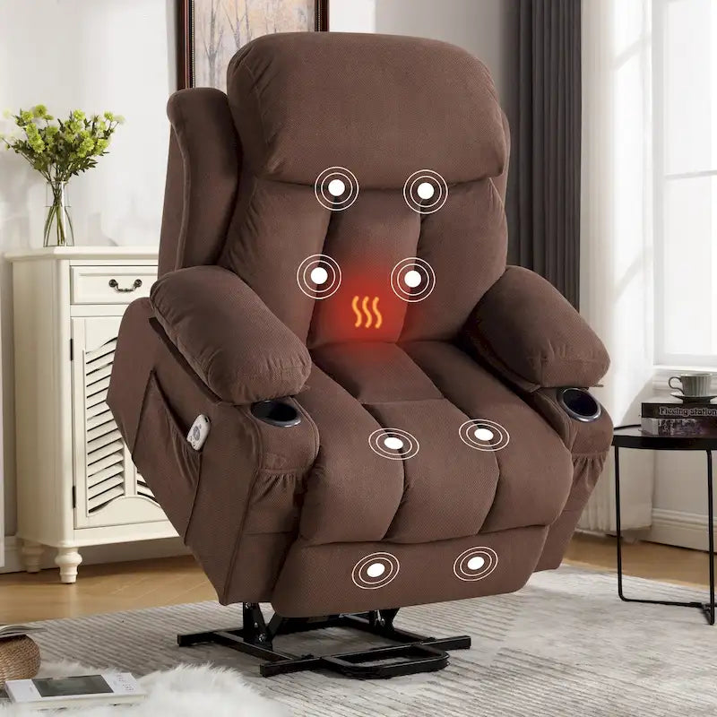 Fauteuil releveur électrique gris avec fonction massage chauffante, chargement USB, télécommande et poches latérales pratiques pour les seniors