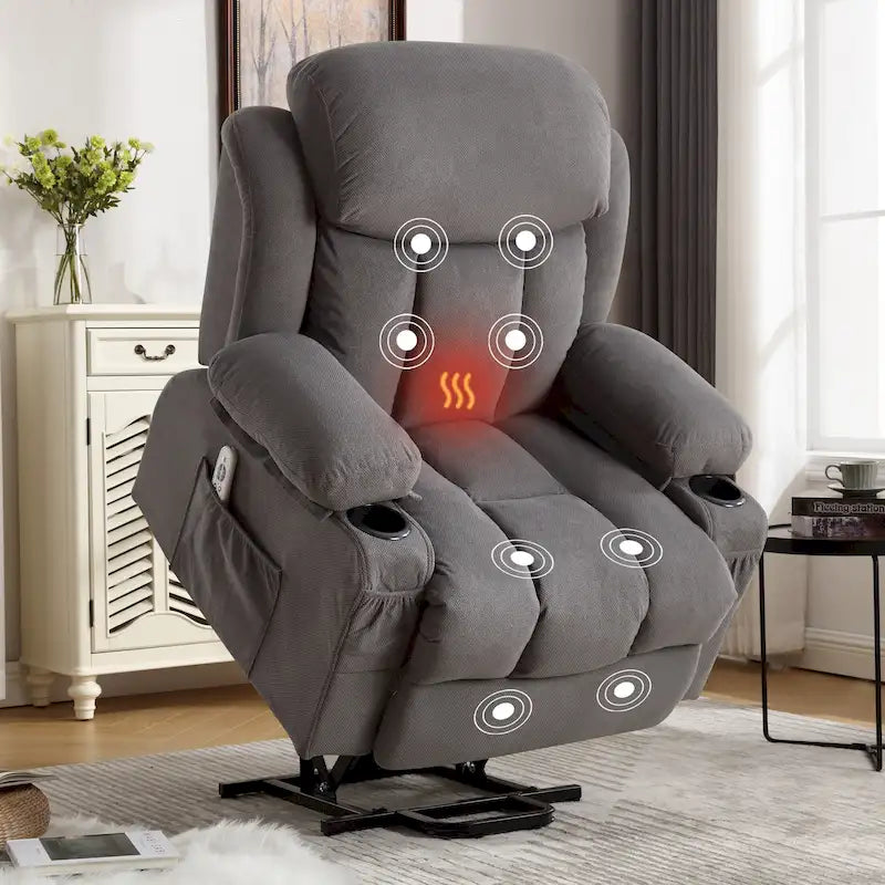 Fauteuil releveur électrique gris avec fonction massage chauffante, chargement USB, télécommande et poches latérales pratiques pour les seniors