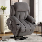 Fauteuil releveur électrique gris avec fonction massage chauffante, chargement USB, télécommande et poches latérales pratiques pour les seniors