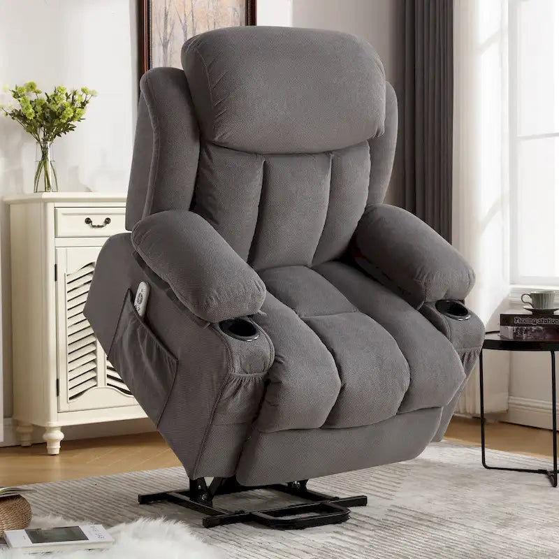 Fauteuil releveur électrique gris avec fonction massage chauffante, chargement USB, télécommande et poches latérales pratiques pour les seniors