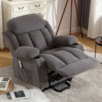 Fauteuil releveur électrique gris avec fonction massage chauffante, chargement USB, télécommande et poches latérales pratiques pour les seniors