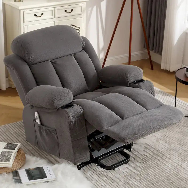 Fauteuil releveur électrique gris avec fonction massage chauffante, chargement USB, télécommande et poches latérales pratiques pour les seniors