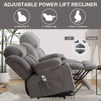 Fauteuil releveur électrique gris avec fonction massage chauffante, chargement USB, télécommande et poches latérales pratiques pour les seniors