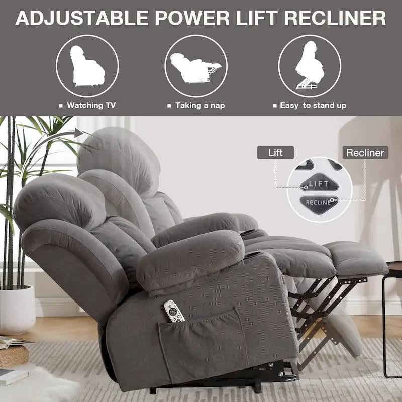 Fauteuil releveur électrique gris avec fonction massage chauffante, chargement USB, télécommande et poches latérales pratiques pour les seniors