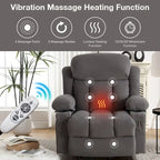 Fauteuil releveur électrique gris avec fonction massage chauffante, chargement USB, télécommande et poches latérales pratiques pour les seniors