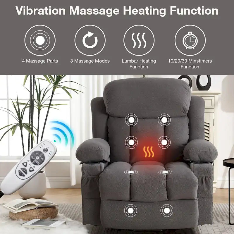 Fauteuil releveur électrique gris avec fonction massage chauffante, chargement USB, télécommande et poches latérales pratiques pour les seniors