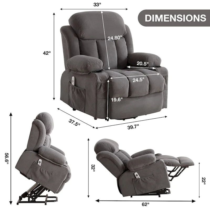 Fauteuil releveur électrique gris avec fonction massage chauffante, chargement USB, télécommande et poches latérales pratiques pour les seniors