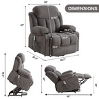 Fauteuil releveur électrique gris avec fonction massage chauffante, chargement USB, télécommande et poches latérales pratiques pour les seniors