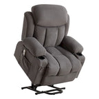 Fauteuil releveur électrique gris avec fonction massage chauffante, chargement USB, télécommande et poches latérales pratiques pour les seniors