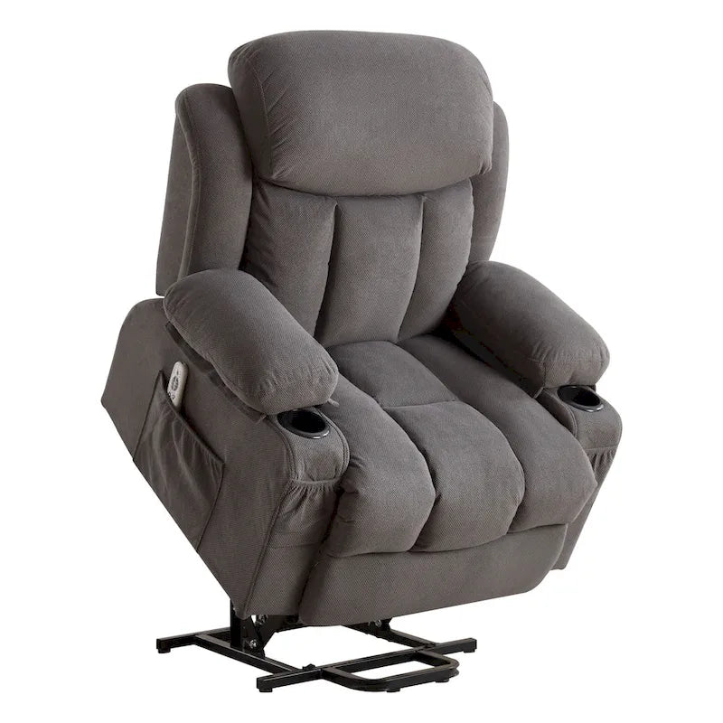 Fauteuil releveur électrique gris avec fonction massage chauffante, chargement USB, télécommande et poches latérales pratiques pour les seniors