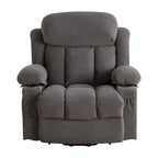 Fauteuil releveur électrique gris avec fonction massage chauffante, chargement USB, télécommande et poches latérales pratiques pour les seniors