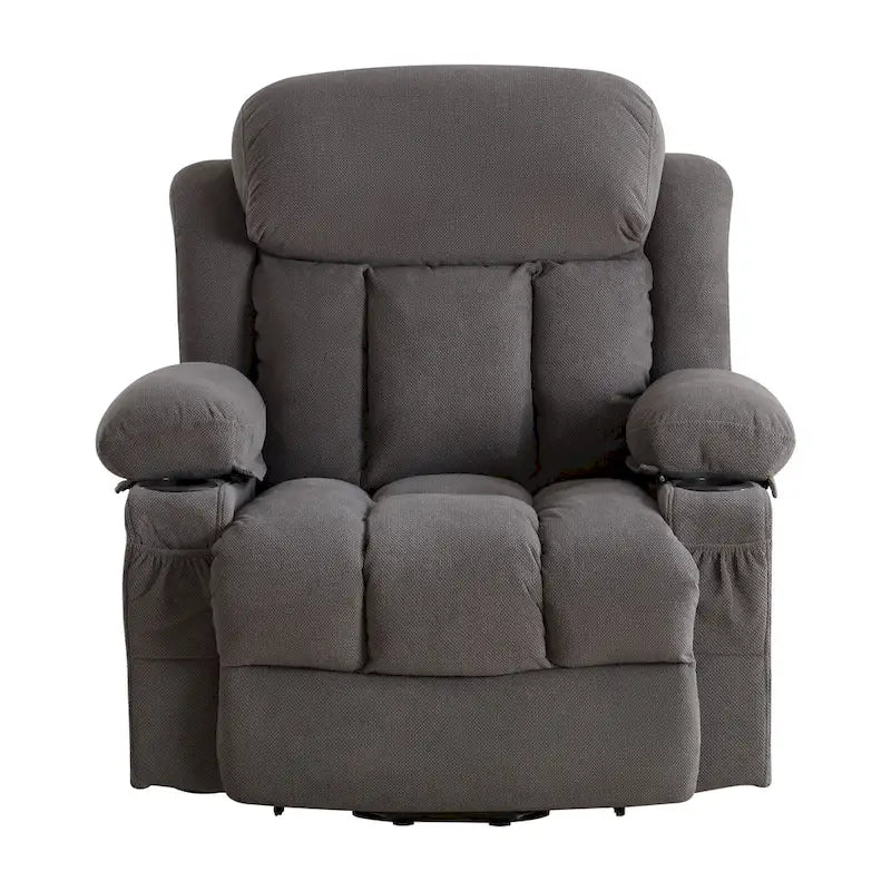 Fauteuil releveur électrique gris avec fonction massage chauffante, chargement USB, télécommande et poches latérales pratiques pour les seniors