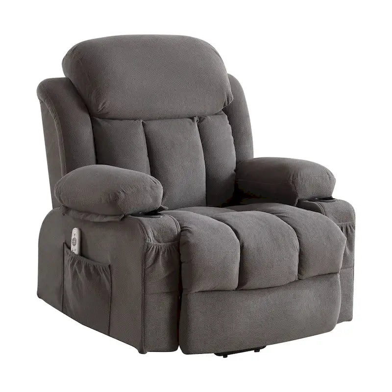 Fauteuil releveur électrique gris avec fonction massage chauffante, chargement USB, télécommande et poches latérales pratiques pour les seniors