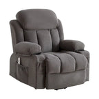 Fauteuil releveur électrique gris avec fonction massage chauffante, chargement USB, télécommande et poches latérales pratiques pour les seniors