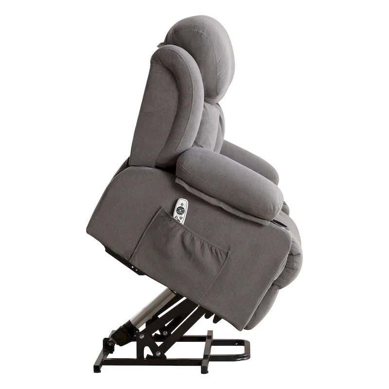Fauteuil releveur électrique gris avec fonction massage chauffante, chargement USB, télécommande et poches latérales pratiques pour les seniors