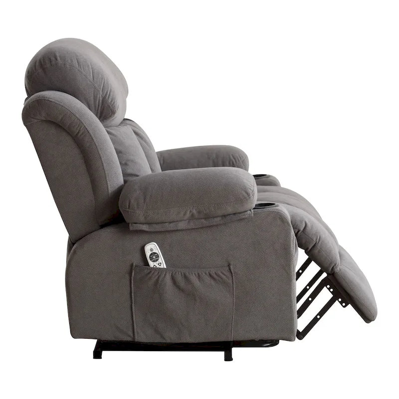 Fauteuil releveur électrique gris avec fonction massage chauffante, chargement USB, télécommande et poches latérales pratiques pour les seniors