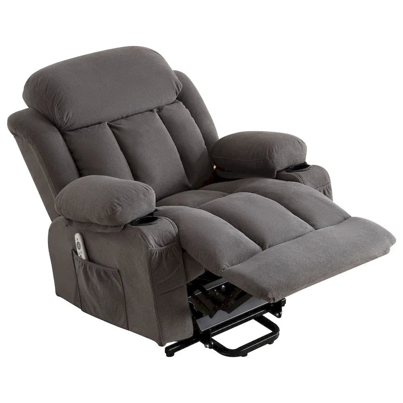 Fauteuil releveur électrique gris avec fonction massage chauffante, chargement USB, télécommande et poches latérales pratiques pour les seniors