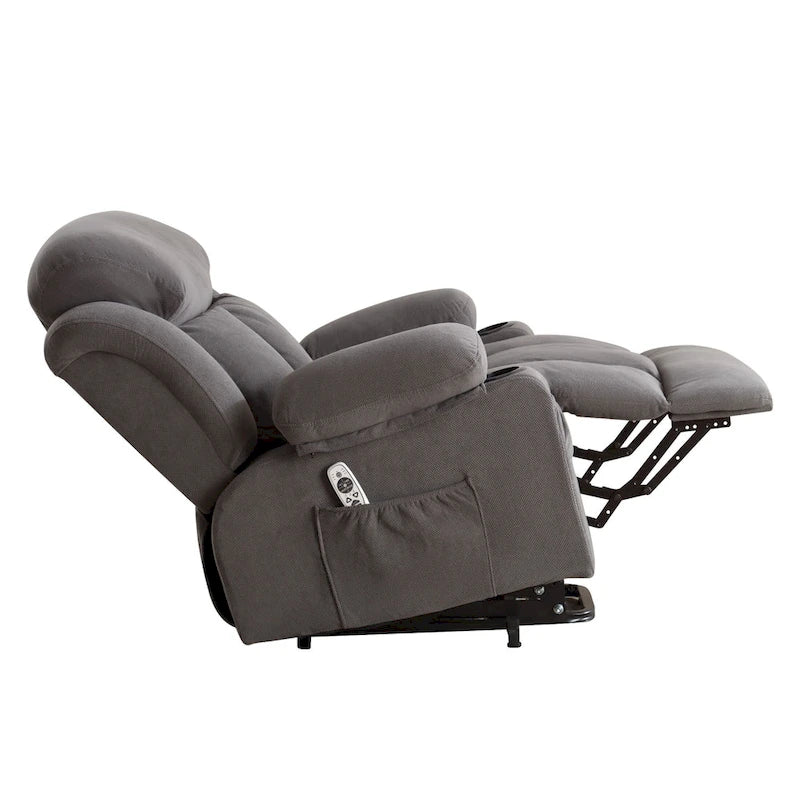 Fauteuil releveur électrique gris avec fonction massage chauffante, chargement USB, télécommande et poches latérales pratiques pour les seniors
