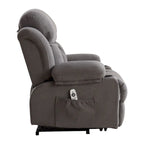 Fauteuil releveur électrique gris avec fonction massage chauffante, chargement USB, télécommande et poches latérales pratiques pour les seniors