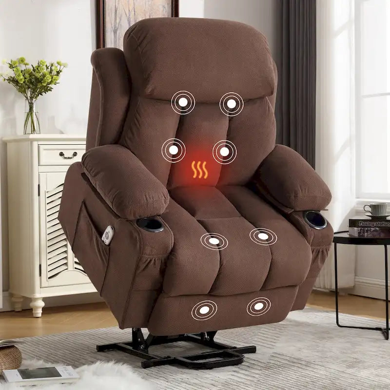 Fauteuil releveur électrique gris avec fonction massage chauffante, chargement USB, télécommande et poches latérales pratiques pour les seniors