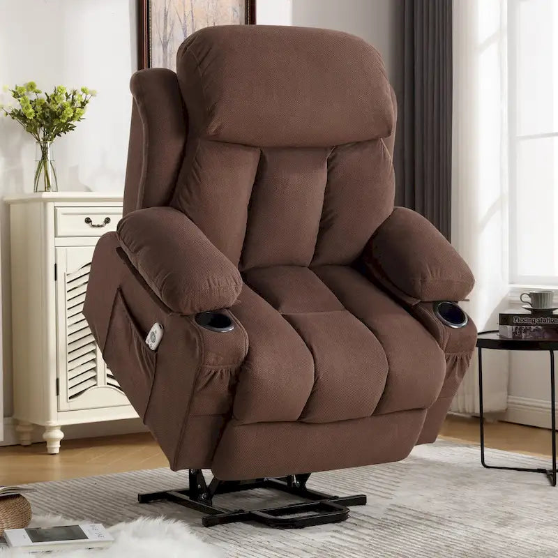 Fauteuil releveur électrique gris avec fonction massage chauffante, chargement USB, télécommande et poches latérales pratiques pour les seniors