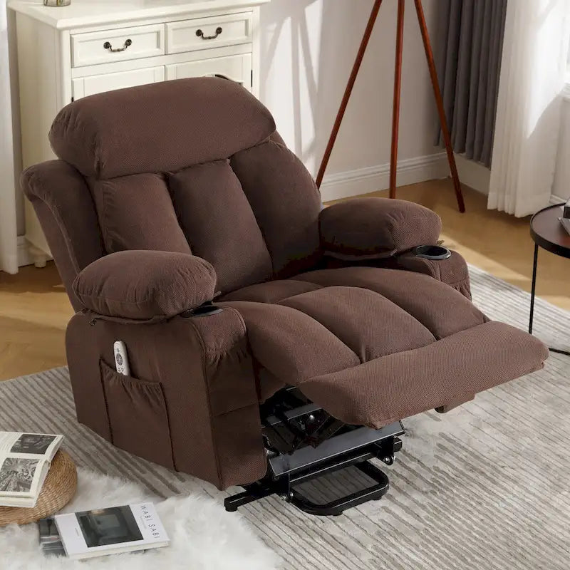 Fauteuil releveur électrique gris avec fonction massage chauffante, chargement USB, télécommande et poches latérales pratiques pour les seniors