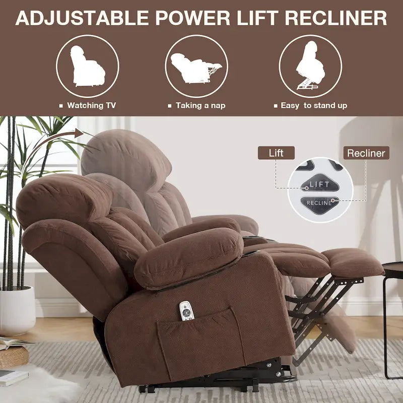 Fauteuil releveur électrique gris avec fonction massage chauffante, chargement USB, télécommande et poches latérales pratiques pour les seniors