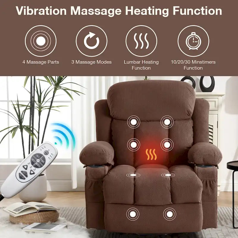 Fauteuil releveur électrique gris avec fonction massage chauffante, chargement USB, télécommande et poches latérales pratiques pour les seniors