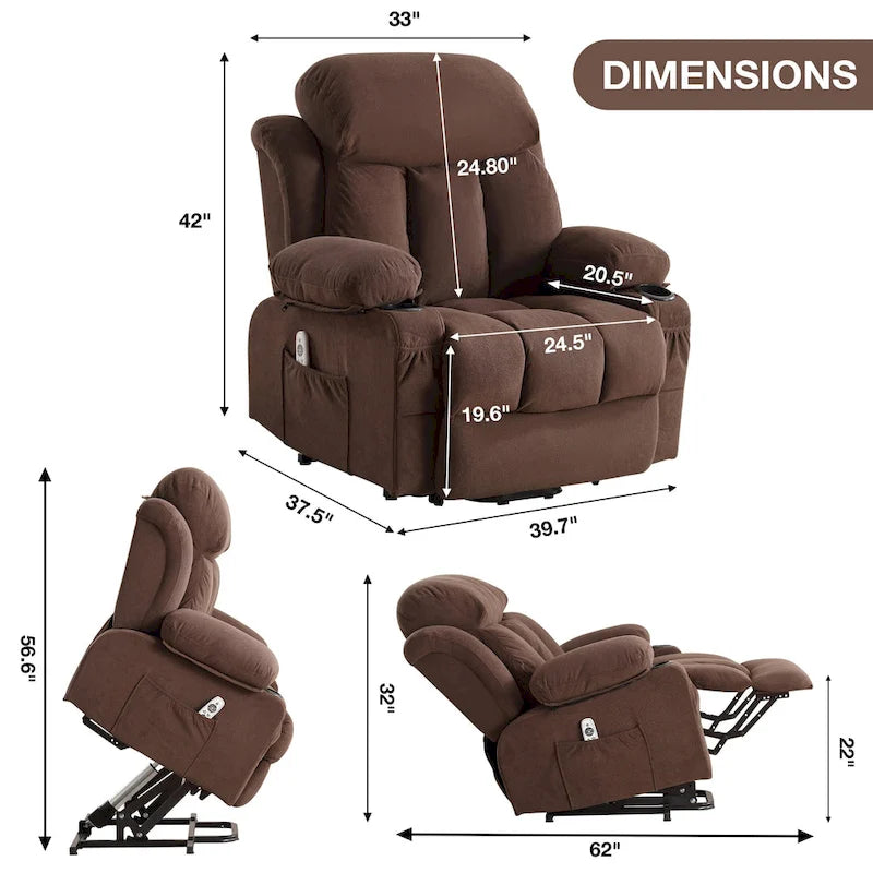 Fauteuil releveur électrique gris avec fonction massage chauffante, chargement USB, télécommande et poches latérales pratiques pour les seniors