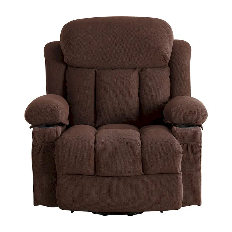 Fauteuil releveur électrique gris avec fonction massage chauffante, chargement USB, télécommande et poches latérales pratiques pour les seniors