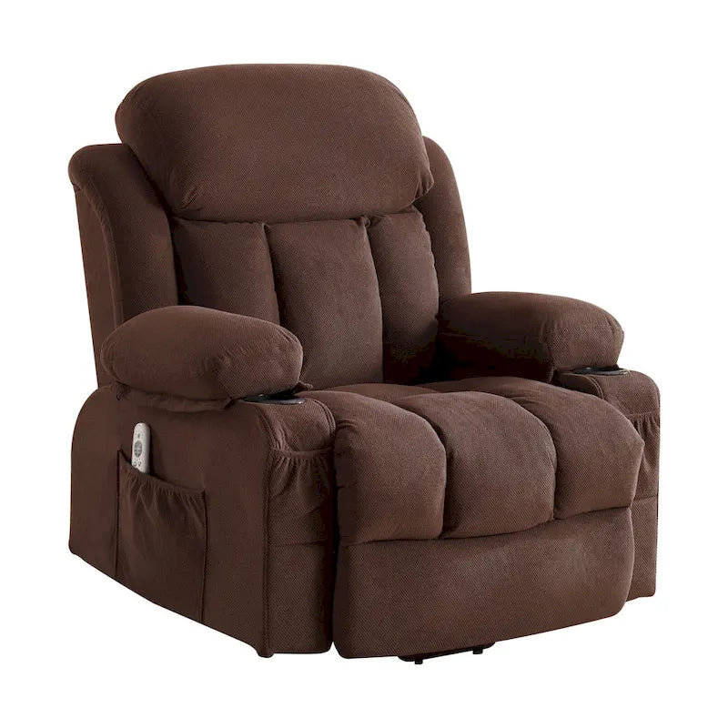 Fauteuil releveur électrique gris avec fonction massage chauffante, chargement USB, télécommande et poches latérales pratiques pour les seniors