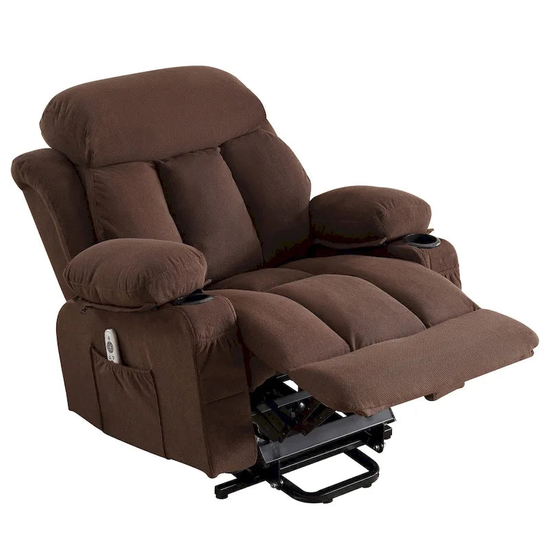 Fauteuil releveur électrique gris avec fonction massage chauffante, chargement USB, télécommande et poches latérales pratiques pour les seniors