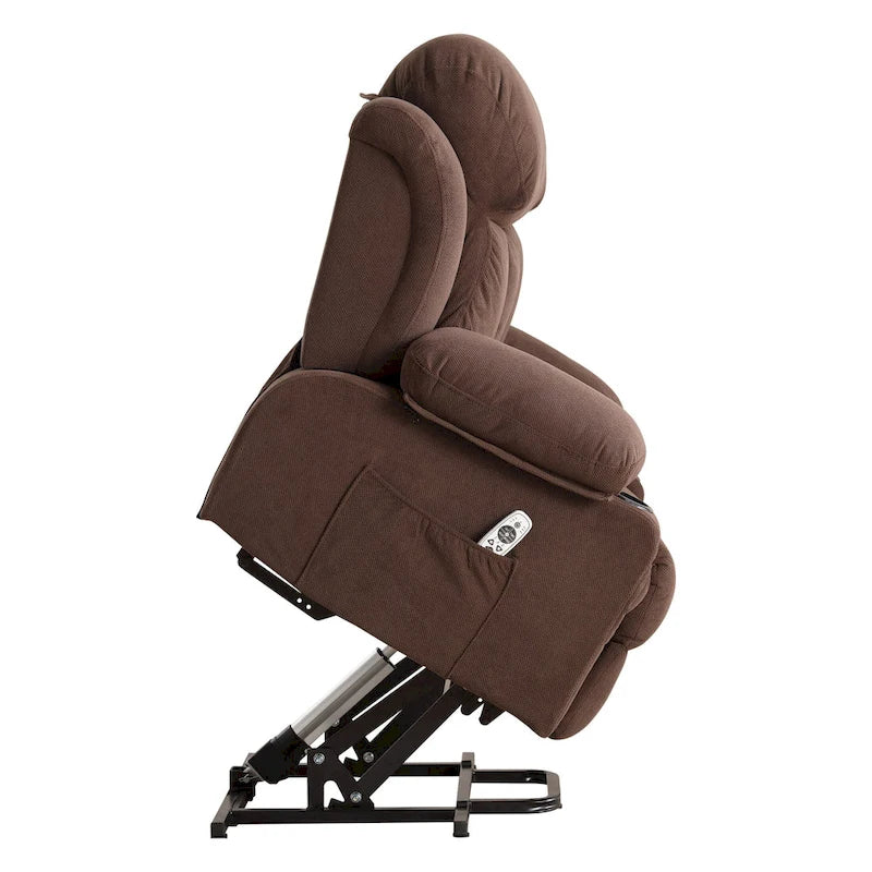 Fauteuil releveur électrique gris avec fonction massage chauffante, chargement USB, télécommande et poches latérales pratiques pour les seniors